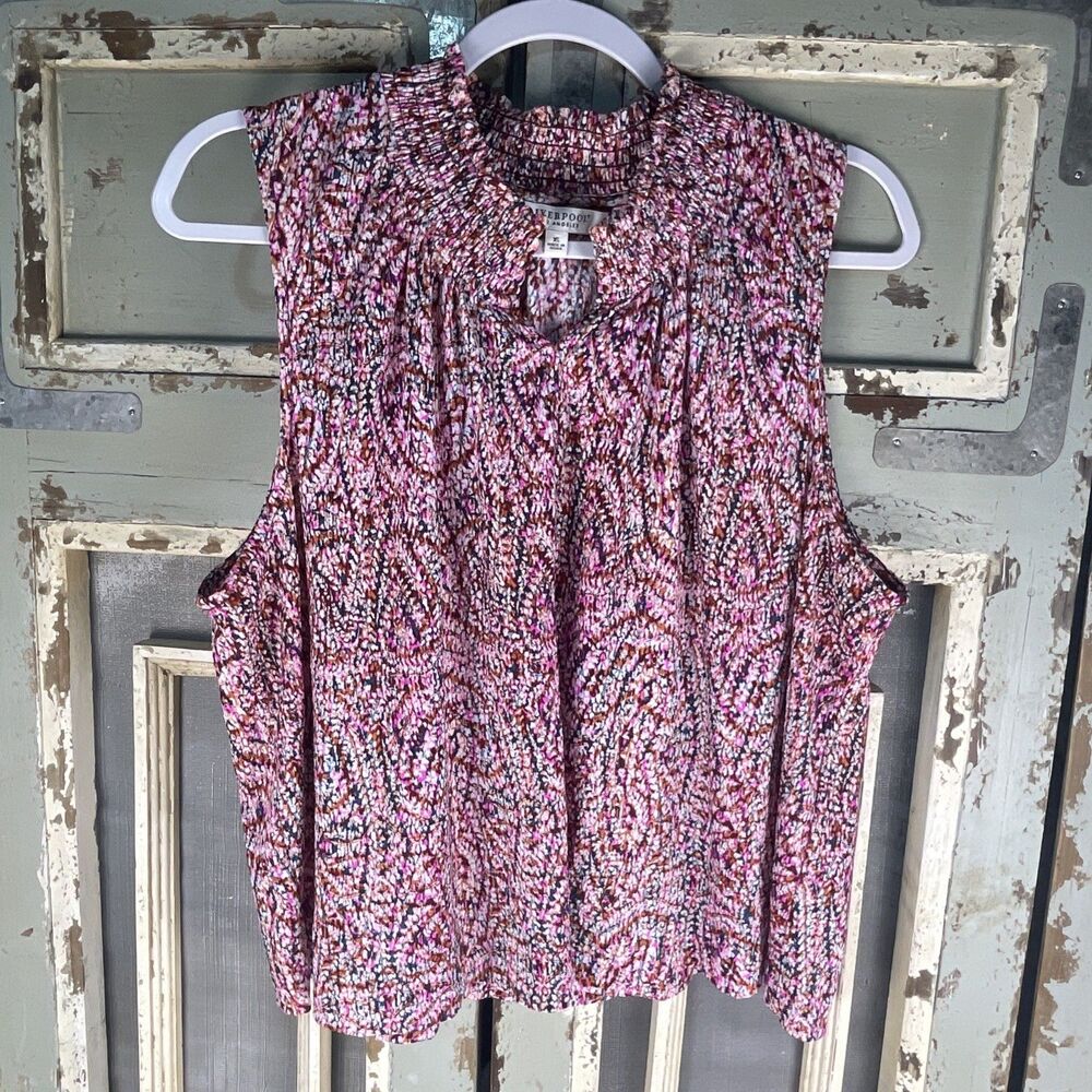 Liverpool Los Angeles Pink Multicolor Boho Smocked Sleeveless Top Size XL